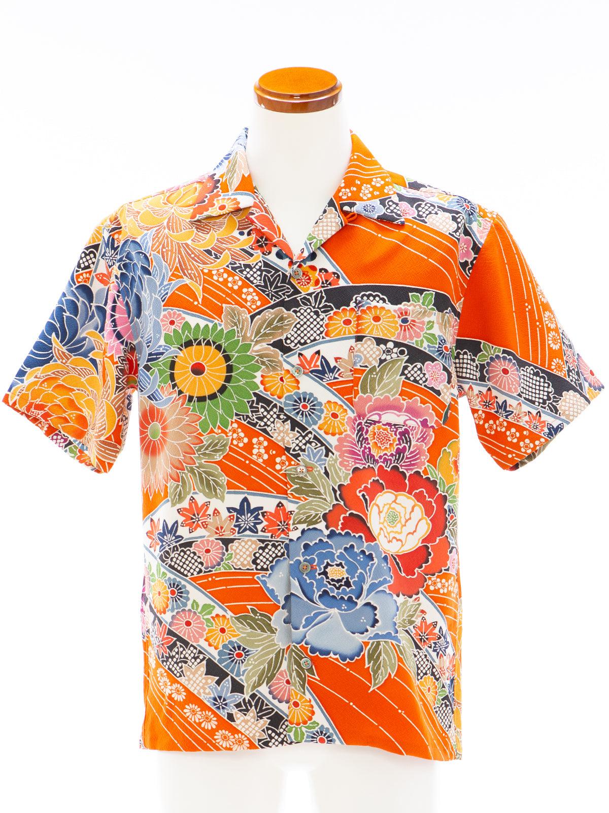 着物リメイクアロハシャツ紳士Ｌ 正絹古典柄送料無料 - トップス