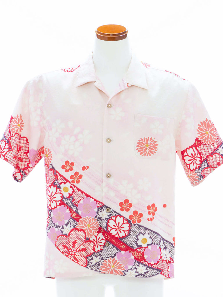 和柄 アロハシャツ 花柄 アイボリー Lサイズ着物リメイク 着物アロハ AH100458｜正絹着物をリメイク-ONLY ONEをあなたに- – 着物