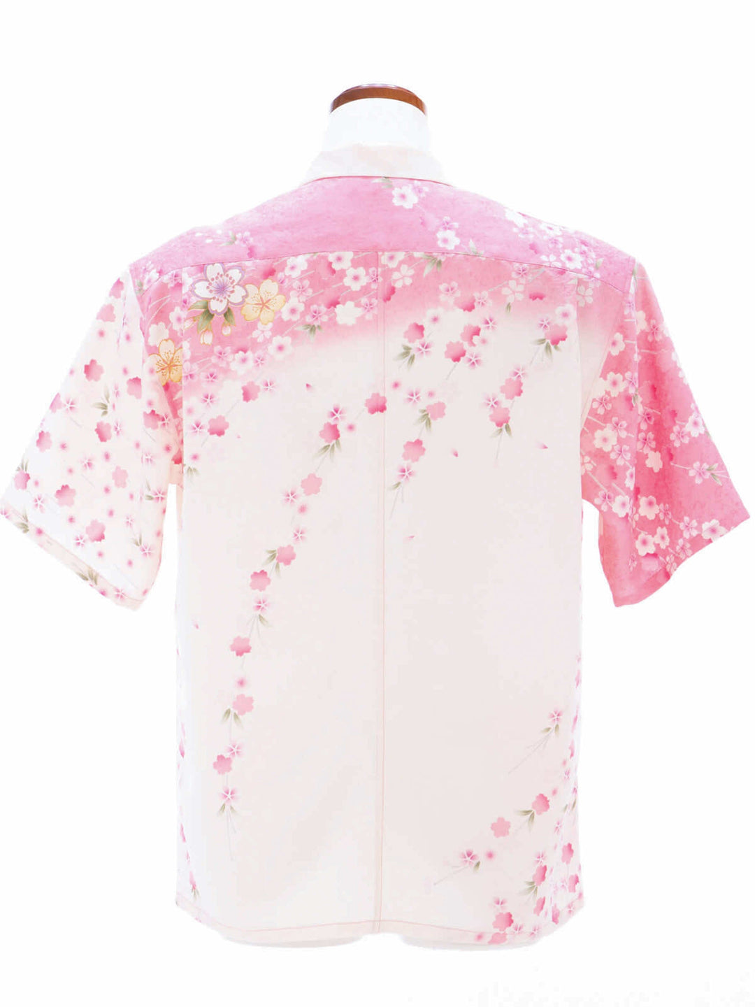 Kimono Aloha Shirt Weeping Cherry Blossom B - Full length view, upcycled furisode kimono
