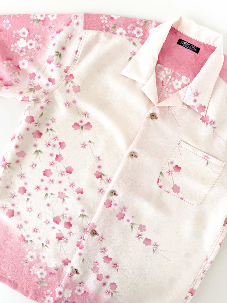 Kimono Aloha Shirt Weeping Cherry Blossom B - Front view, White silk with cherry blossom pattern