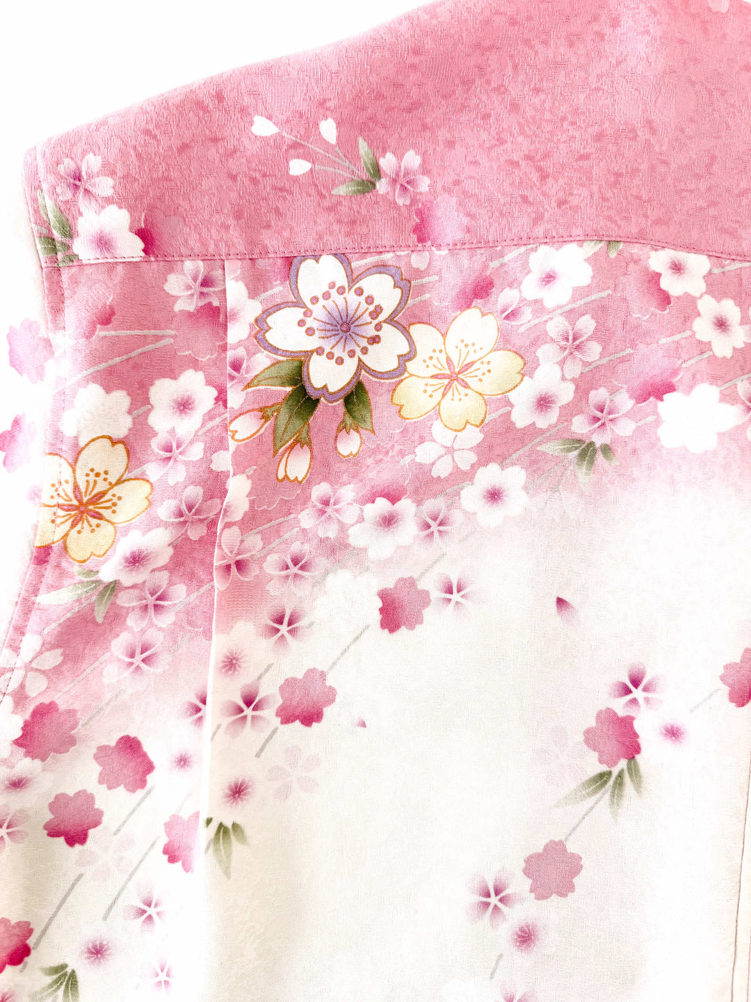 Kimono Aloha Shirt Weeping Cherry Blossom B - Close-up of Yuzen-dyed weeping sakura pattern