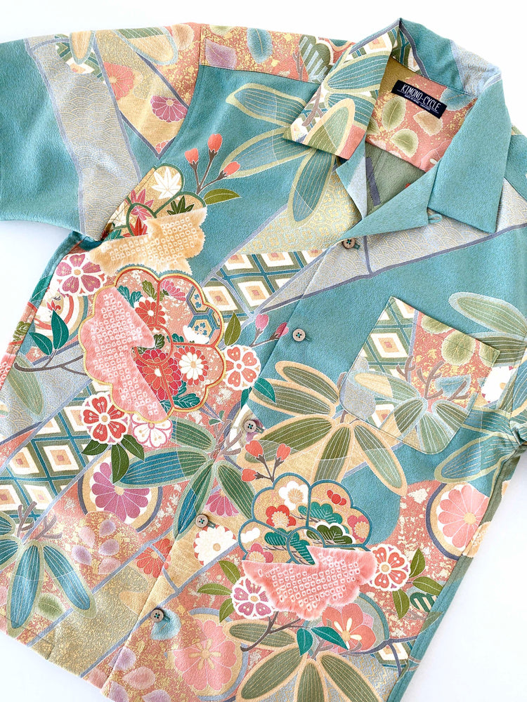 着物アロハシャツ「伸びゆく竹と花A」AH100239 - 着物アロハシャツ専門店｜KIMONO-CYCLE