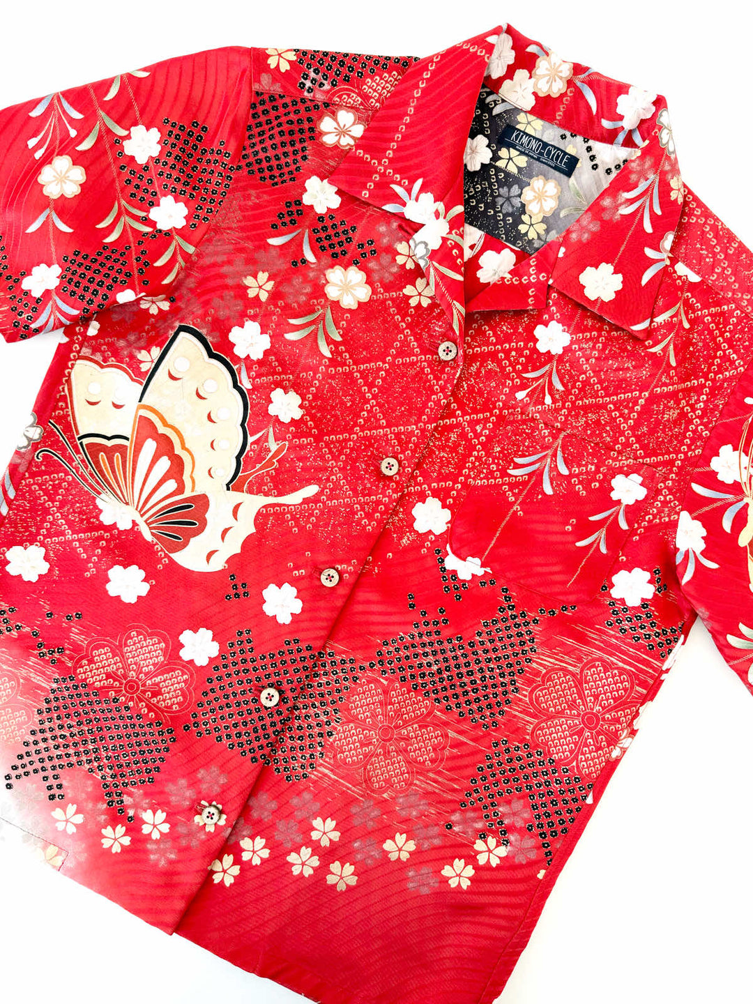 KIMONO ALOHA SHIRT WOMEN'S"DROOPING CHERRY BLOSSOMS WITH DANCING BUTTERFLIES" AH10013L