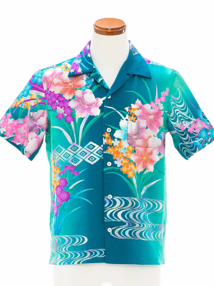 着物アロハシャツ「水辺で輝く花々A」AH100088 - 着物アロハシャツ専門店｜KIMONO-CYCLE
