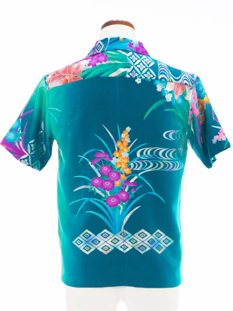 着物アロハシャツ「水辺で輝く花々A」AH100088 - 着物アロハシャツ専門店｜KIMONO-CYCLE