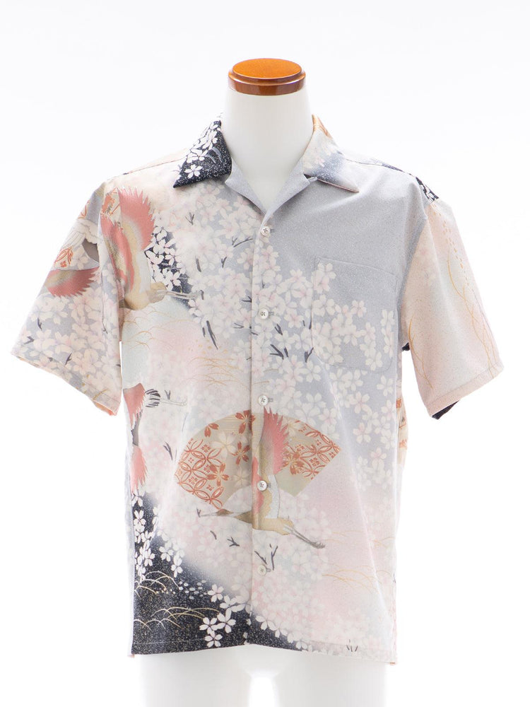 着物アロハシャツ「春に舞う鶴A」AH100111 - 着物アロハシャツ専門店｜KIMONO-CYCLE