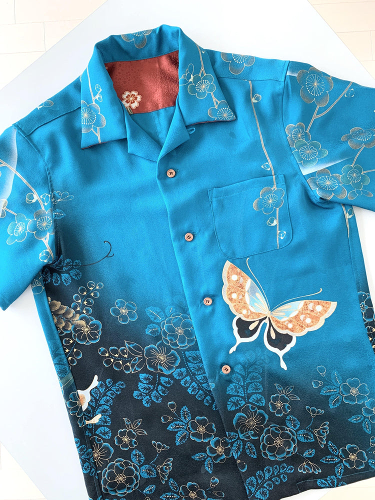 着物アロハ「藤の花に蝶」AH100007 - 着物アロハシャツ専門店｜KIMONO-CYCLE