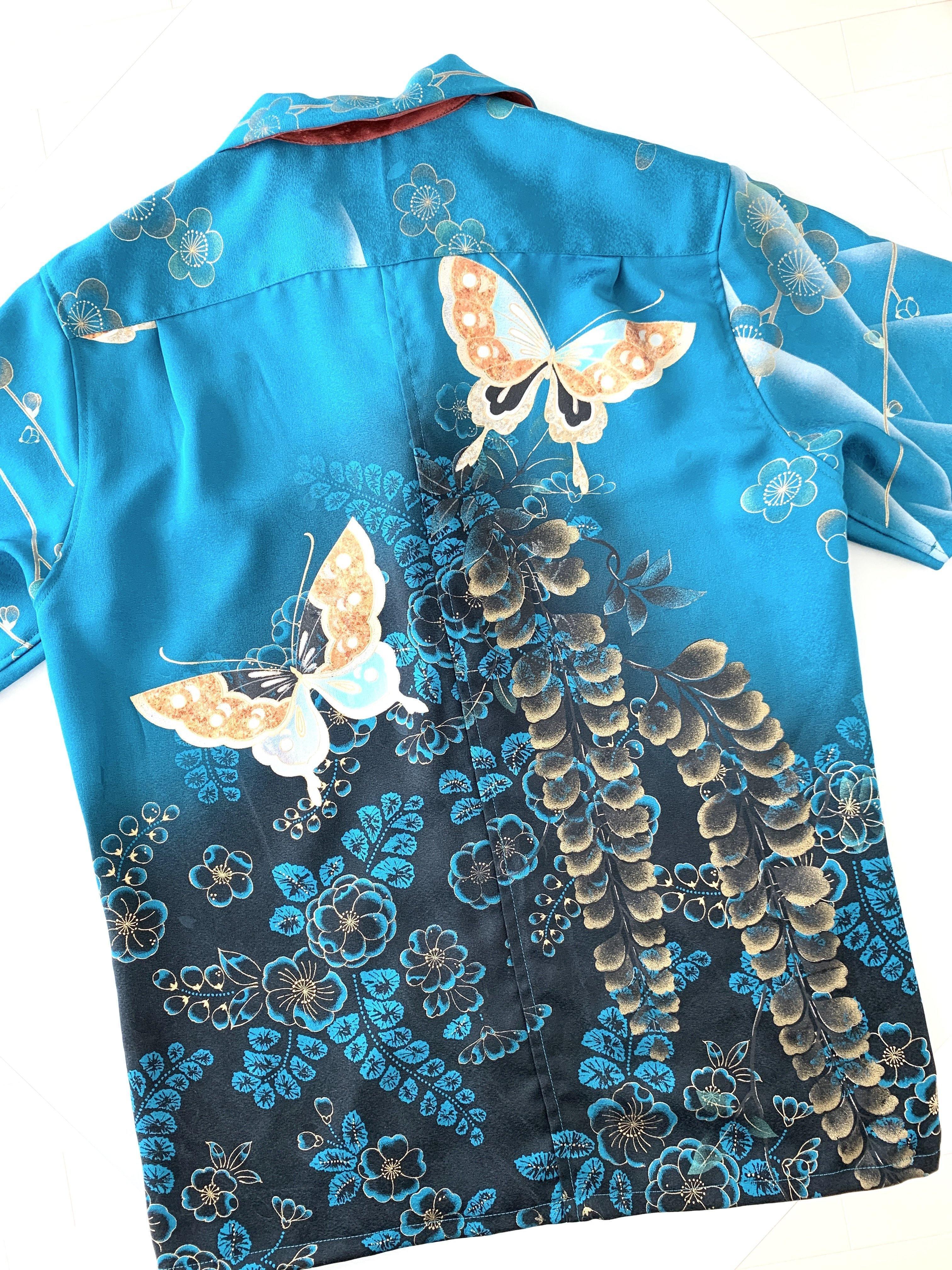 着物アロハ「藤の花に蝶」AH100007 - 着物アロハシャツ専門店｜KIMONO-CYCLE
