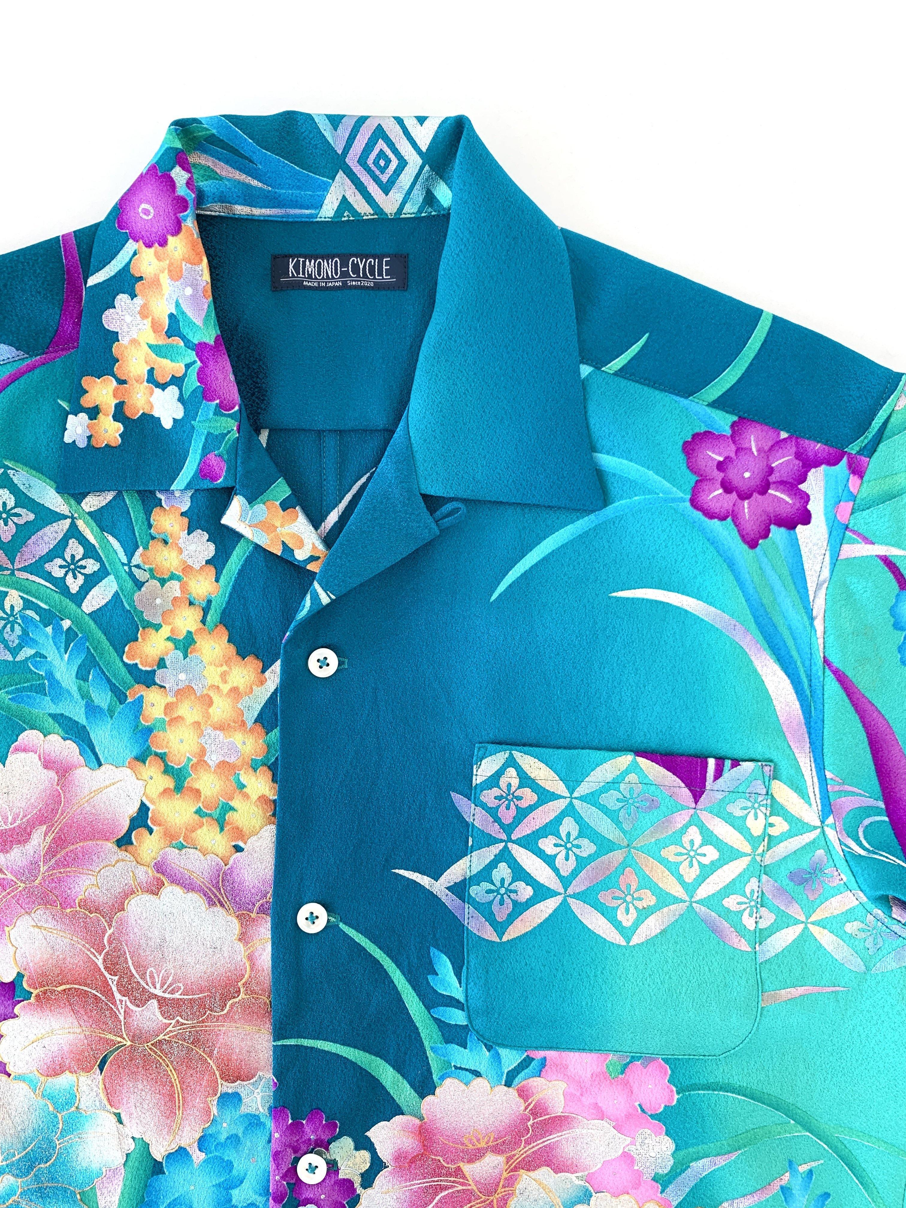 着物アロハ「水辺で輝く花々B」AH100089 - 着物アロハシャツ専門店｜KIMONO-CYCLE